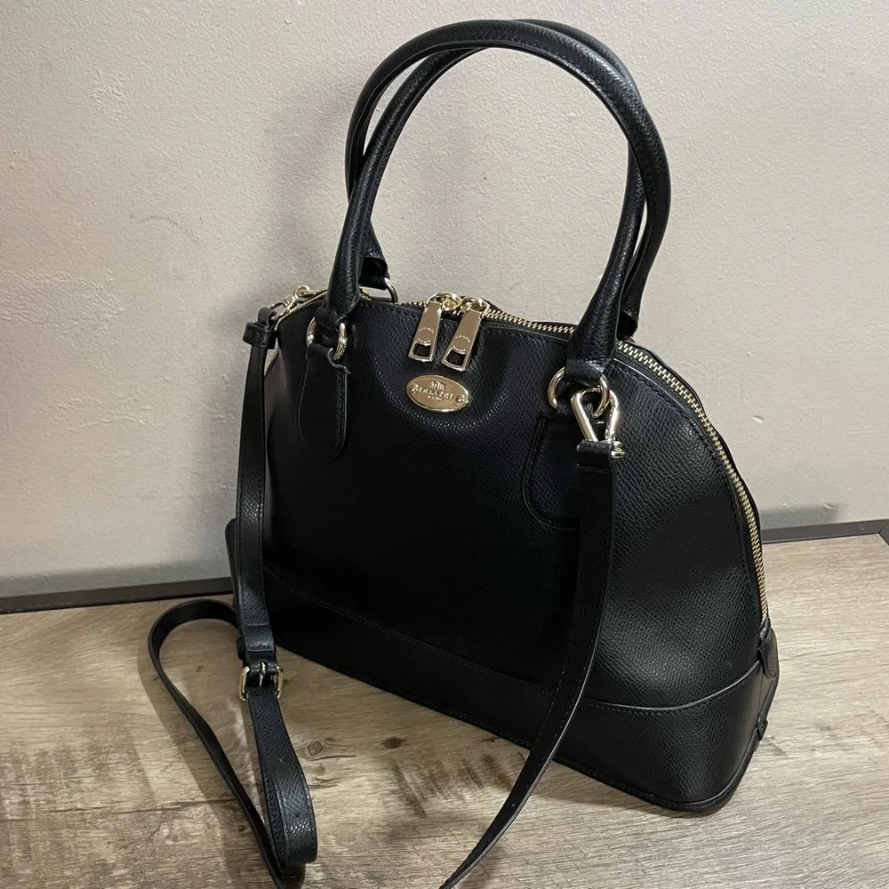 Authentic COACH Black Leather CORA Dome SATCHEL Designer BAG Purse w Strap